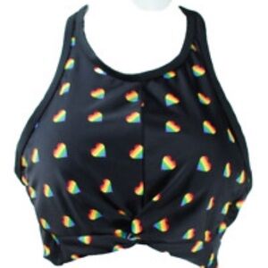 Sirena Brand Black Bikini/Tankini Top with rainbow Hearts High Neck Size 2XL